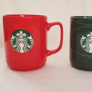 Starbucks Holiday Coffee Cup Set Red w/ Gold Swirl & Green w/ Light Gree…